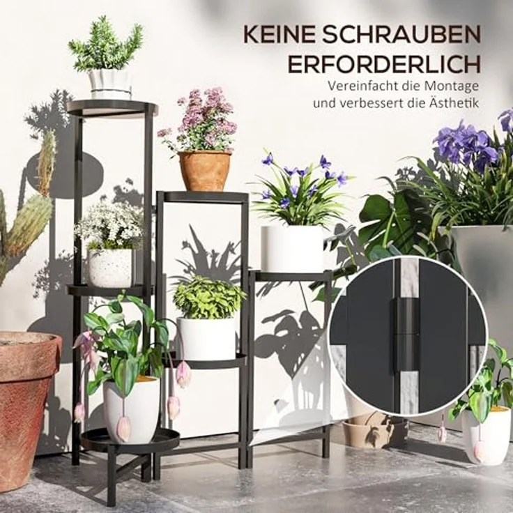 Outsunny Pflanzentreppe mit Tabletten, klappbar, für Innen, aus Metall, mehrstöckig, 80cm hoch (6-Etagen Pflanzenständer, 1 St, Blumenständer), für Wohnzimmer, Garten Balkon Deko, Schwarz – Bild 5