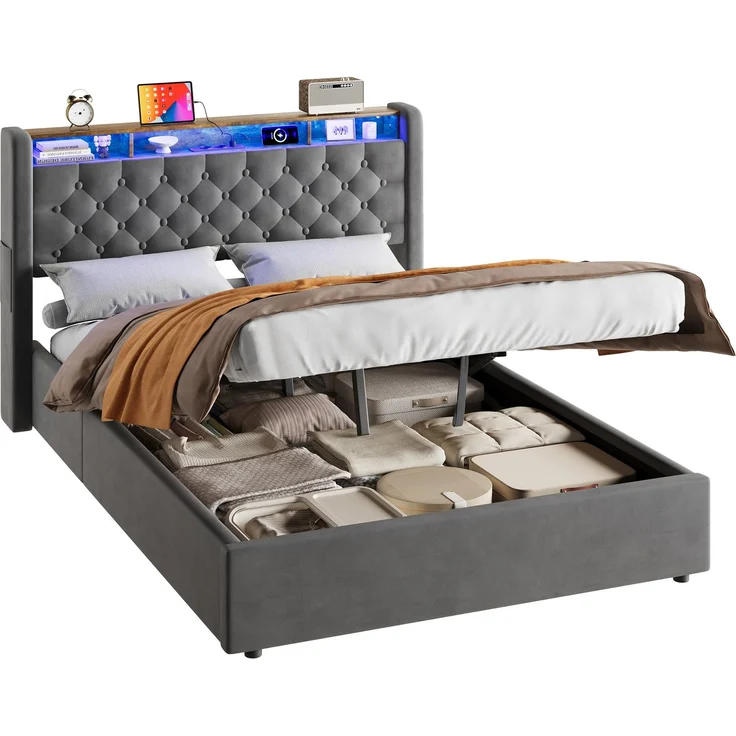 MODFU Polsterbett mit Bettkasten, LED, USB-C und Kopfteilablage, Holland-Velours Grau, 140x190 cm – Bild 8