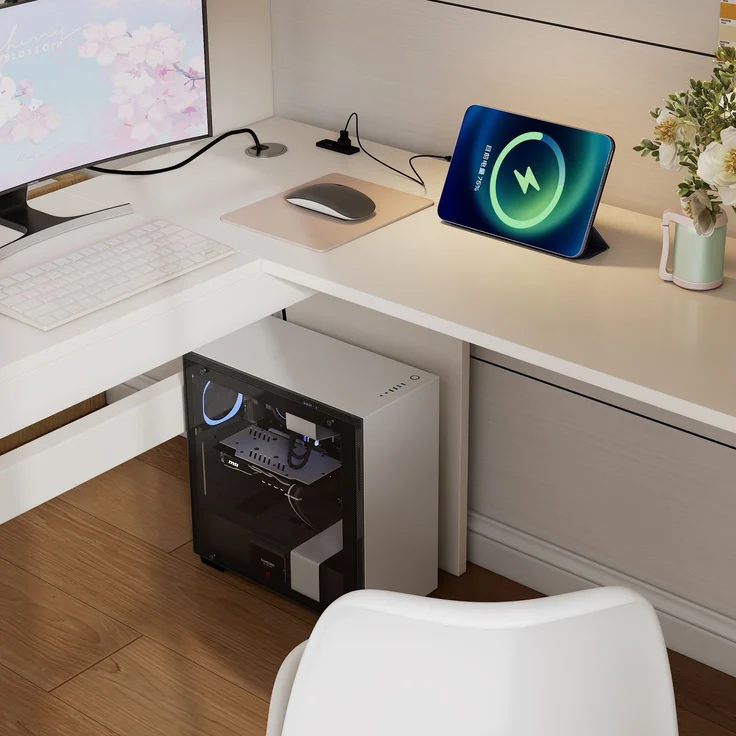 Hochbett Einzelbett mit Holzlattenrost, USB/Type-C Ladebereich, L-förmigem Schreibtisch, Regalen und Schubladen,ohne Matratze – Bild 4
