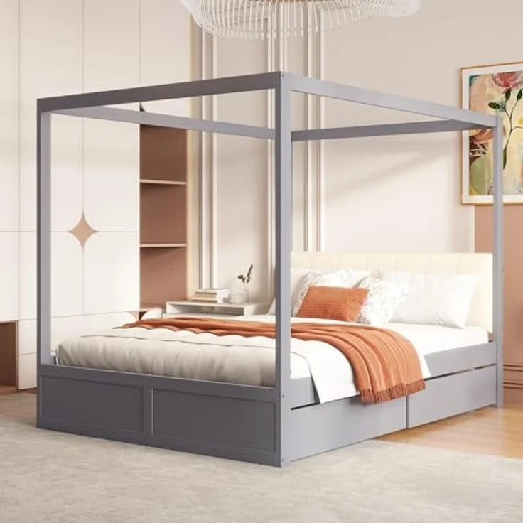 Ball & Cast Himmelbett 140 * 200 cm mit großen Schubladen und weicher Rückenlehne, Holz Bett Grau – Bild 3