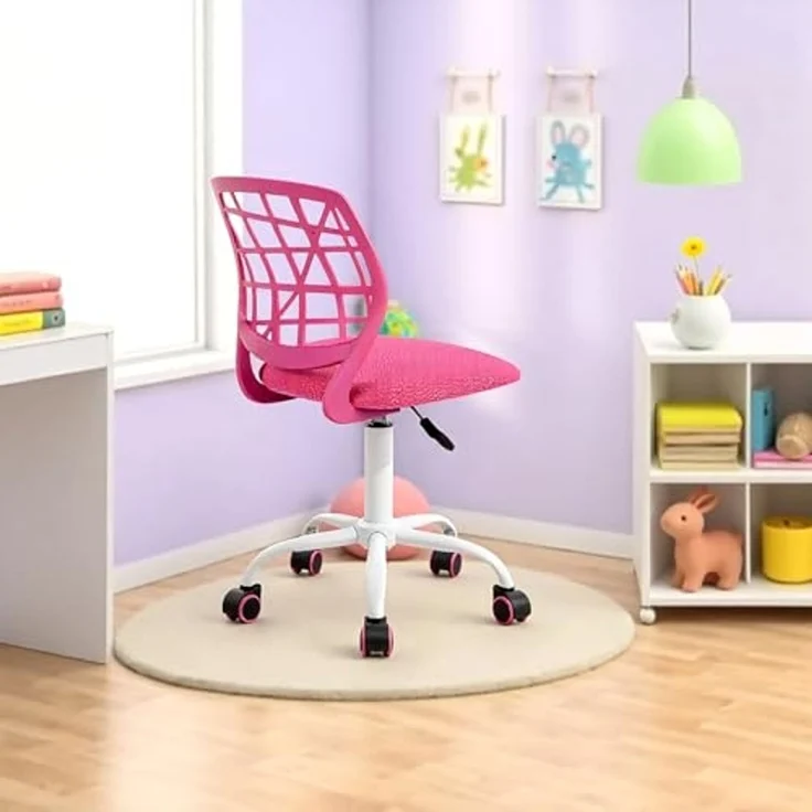 FurnitureR Kinder Schreibtischstuhl, höhenverstellbarer Drehstuhl mit kleinem Loch Rückenlehne Design, geeignet für Kinderzimmer oder Arbeitszimmer, rosa I – Bild 4