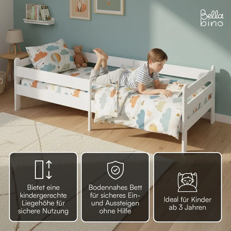 Bellabino 'Kuru' Kinderbett 90x200 cm mit Matratze, weiß, Jugendbett mit Rausfallschutz und Lattenrost – Bild 4
