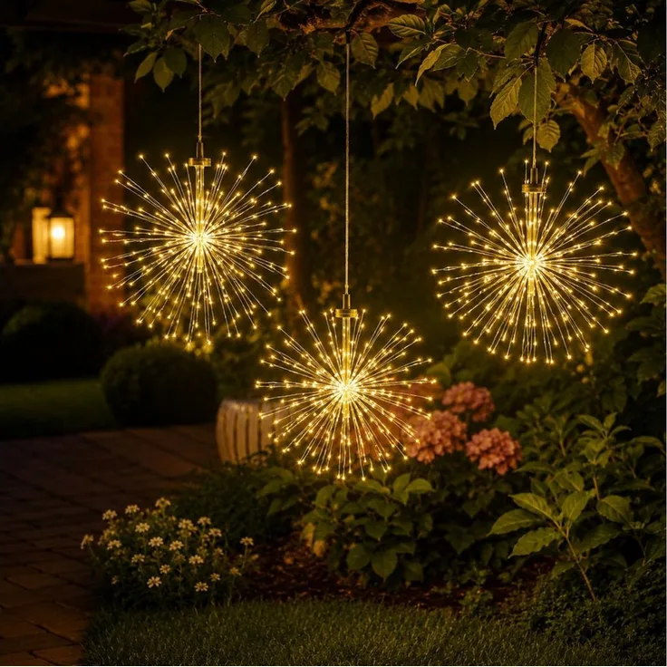 ibettertec LED Solarleuchte 4 Stück LED Solar Gartendeko Solarlampen Garten 80 LED Feuerwerk, 26cm Feuerwerk hängend, LED fest integriert, gartendeko, solarlampen für außen, Bunt, Warmweiß, Leuchtmittel, Wetterfest Pusteblume Solarlampen 8 Modi mit Erd...