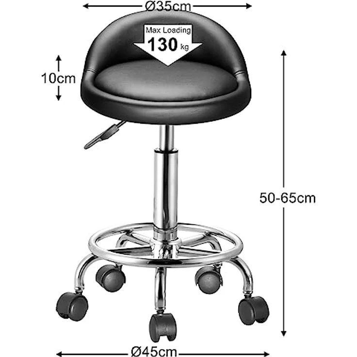 BAKAJI Hocker mit Rollen, gepolsterte Sitzfläche und niedrige Rückenlehne aus Kunstleder, Basis mit Fußstütze aus Stahl, um 360 ° drehbar, höhenverstellbar, ideal für Kosmetikerinnen (schwarz) – Bild 3