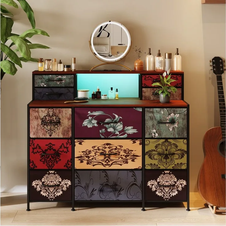 FUROKOY Kommode Vintage Stoffkommode Sideboard mit klappbaren Stoffschubladen (Schminktisch mit Stoffchubladen, Retro-schubladenschrank für Arbeitszimmer Flur Wohnzimmer Schlafzimmer), 13 Stoffschubladen