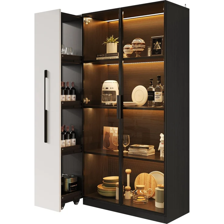 Flieks LED Vitrinenschrank 110.5×35×160 cm, Multifunktionsschrank mit Glasvitrine, Bücherregal & Aufbewahrungsschrank, Rollschrank schwarz & weiß – Bild 10