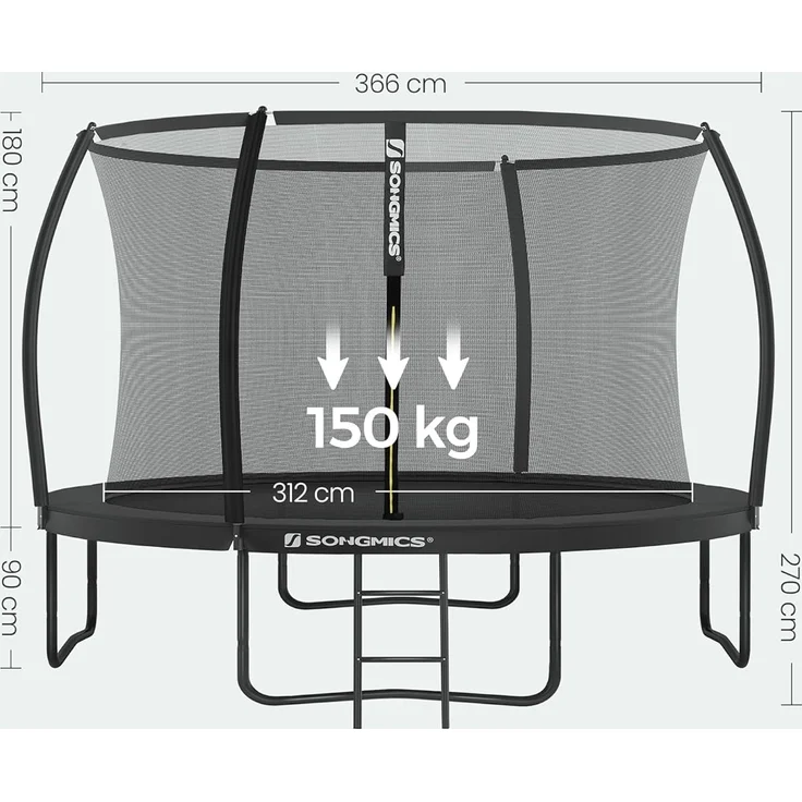 Songmics 'STRDE122B01' Trampolin Ø 366 cm, rundes Gartentrampolin mit Sicherheitsnetz, mit Leiter und gepolsterten Stangen, Sicherheitsabdeckung, sicher, schwarz – Bild 8