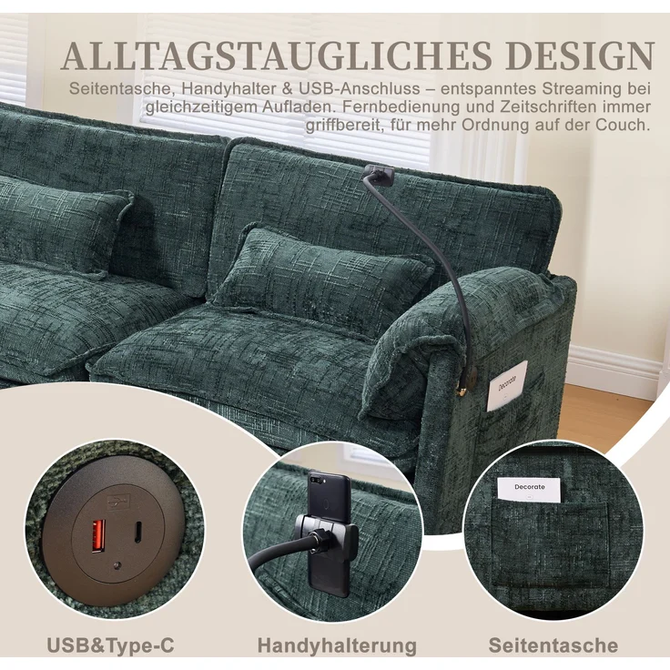 LVHOM 3-Sitzer Sofa mit Hocker, L-Form Ecksofa mit Stauraum, Modulares Sofa mit USB-C-Anschluss, Handyhalter und Seitentaschen, weiche Chenille-Stoff, Couchgarnitur, Grün – Bild 3