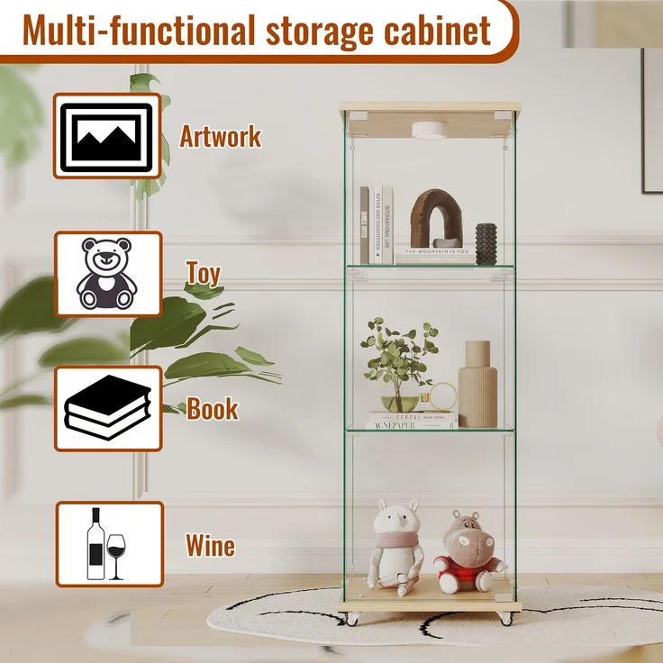 Moderne Glasvitrine mit LED-Beleuchtung,Vitrine,Bücherregal aus gehärtetem Glas,Geeignet für Wohn- und Schlafzimmer, eintüriges dreistufiges Design, Naturholzoptik-H120/B42.5/T36.5 cm--Natürlich--42.5x36.5x120cm--YOUDENOVA – Bild 8