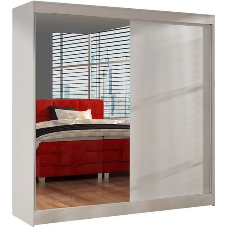 Schwebetürenschrank Basti I 200 cm mit Spiegel - Kleiderschrank, Schiebetürenschrank mit Kleiderstange und Einlegeboden, Schlafzimmerschrank, Schiebetüren, 200x215x58 cm (Weiß) – Bild 4