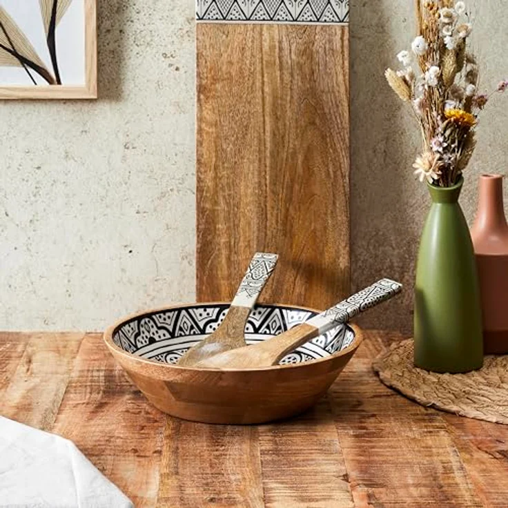 HOME DECO FACTORY, KA0568, Black Dune Mango Wood Salad Bowl, modern and elegant Design, ideal for Salads, Fruits and Decorations, Easy to Maintain, Diameter 28 cm, Brown, White, Black Color – Bild 6