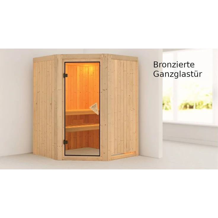 Karibu Sauna Larin + 9kW Saunaofen mit integrierter Steuerung Klarglas Ganzglastür – Bild 5