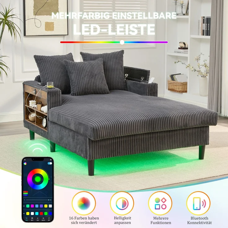 LVHOM Schlafsofa mit LED & USB, Chaiselongue mit Becherhalter & Stauraum, großes Einzelsofa bis 300kg belastbar, inkl. 3 Kissen, 129x170cm, Grau – Bild 5