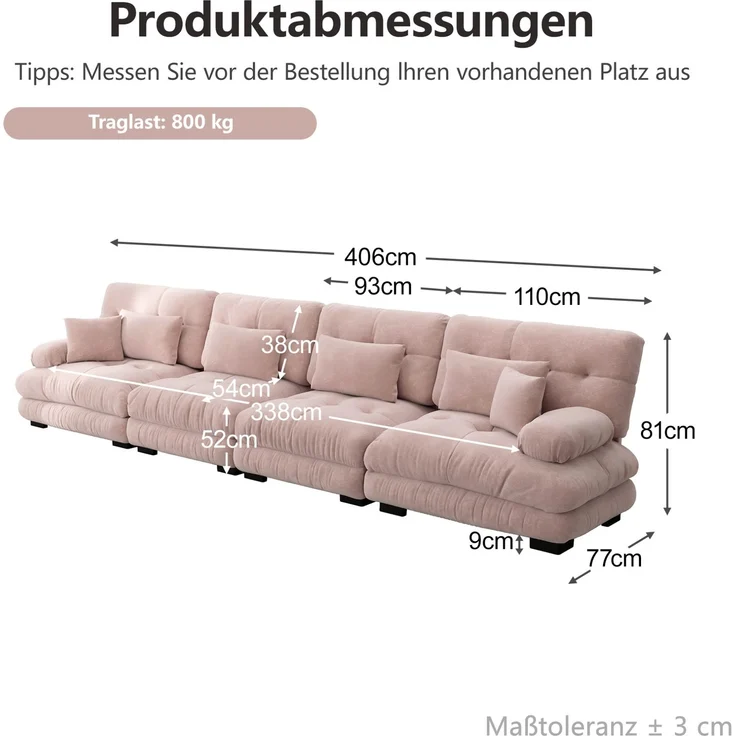 DESVIAE Sofa modular mit Tiefensitz und Kissen, Chenille Rosa, 406 x 77 x 81 cm – Bild 10