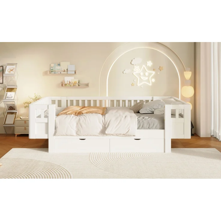 Merax Hochbett 90x200 Kinderbett, mit hohem Schutzgitter & zwei großen Schubladen, Weiß – Bild 7