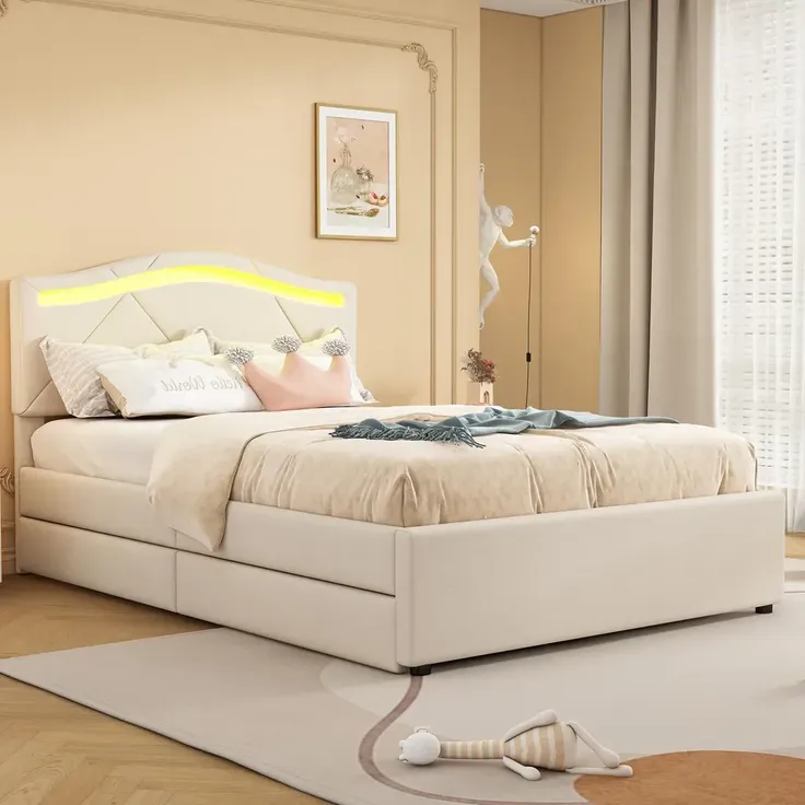 Polsterbett mit LED-Beleuchtung und Schubladen, 90x200cm, gepolsterter Kopfteil, Einzelbett, Stauraumbett, Leinen – Bild 3