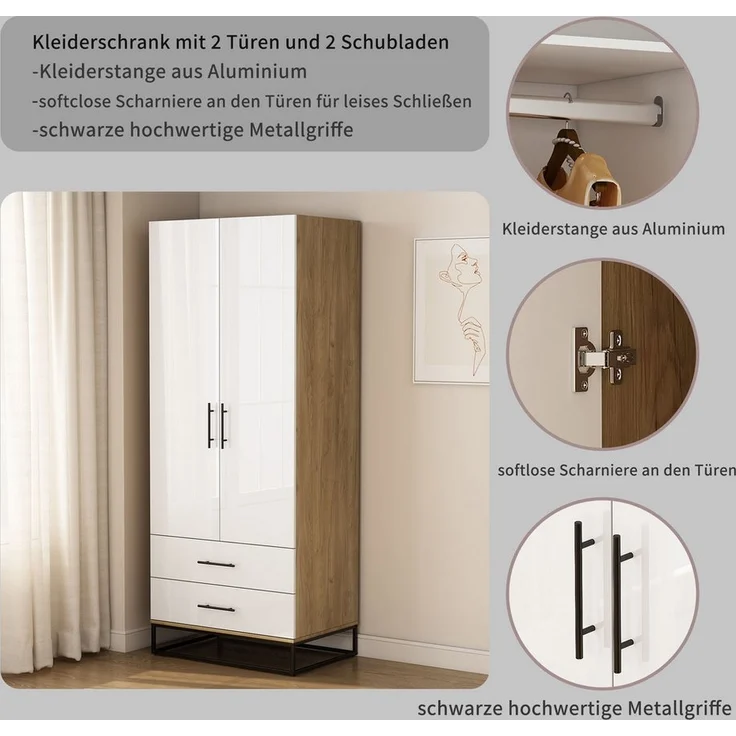 OTTO home Kleiderschrank Lucca Schlafzimmerschrank Garderobe hochglanz Bestseller (Hochwertige schwarze Griffe und Kufengestell) Schlafzimmerschrank mit 2 Türen und 2 Schubladen, Breite 80cm – Bild 3