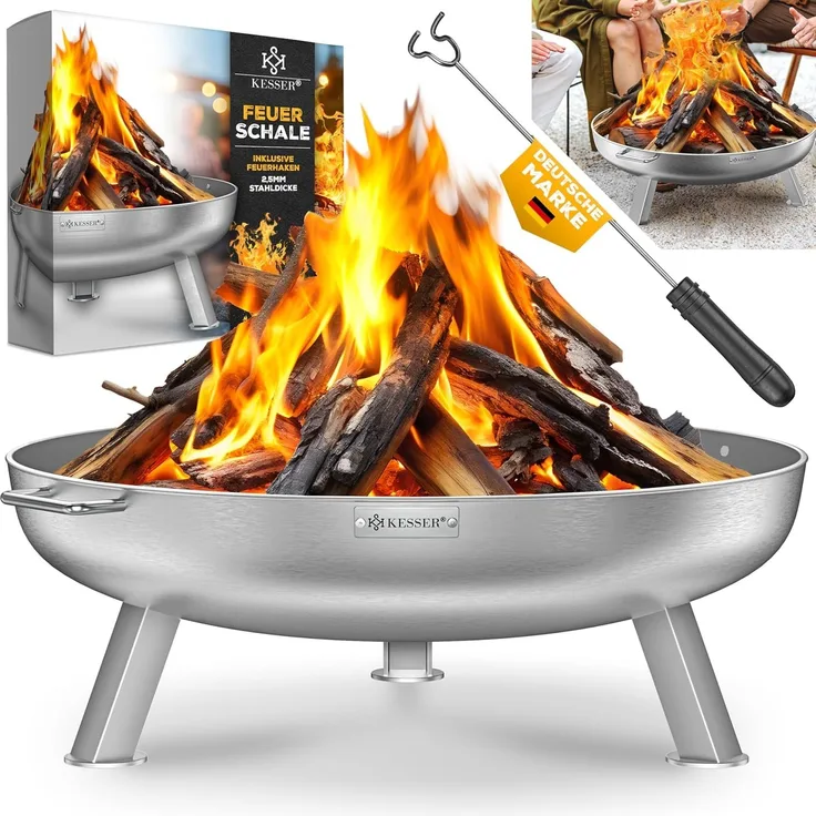 KESSER® Feuerschale mit 2,5 mm Stahldicke Feuerkorb aus Edelstahl / Stahl inklusive 42cm Feuerhaken aus Gusseisen, Wasserablauf & 2 stabile Griffe für Holz & Kohle Feuerstelle für Garten & Terrasse Ø 60 cm, Legierter Stahl
