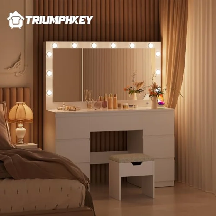 TRIUMPHKEY Schminktisch mit Große Spiege und LED-Beleuchtung, Einstellbarer Helligkeit, 120x40x140cm, Frisiertisch mit 7 Schubladen, Steckdose,Schmuckschrank, Kosmetiktisch für das Schlafzimmer, Weiß – Bild 2