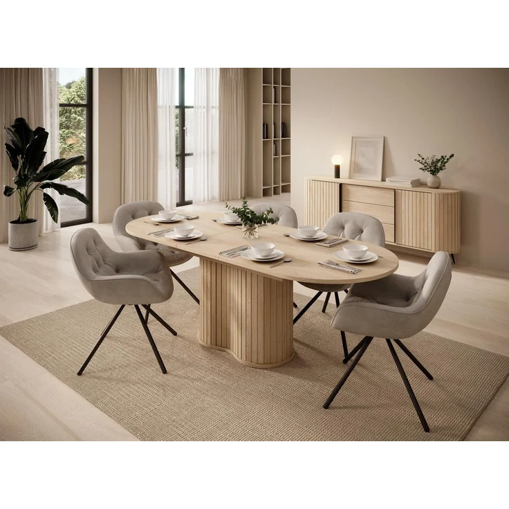 Compleo Esstisch Eiche cremona, kegelförmige Basis, Design-Rundtisch mit Lamellen (Oval), ausziehbar 180-220 cm – Bild 3
