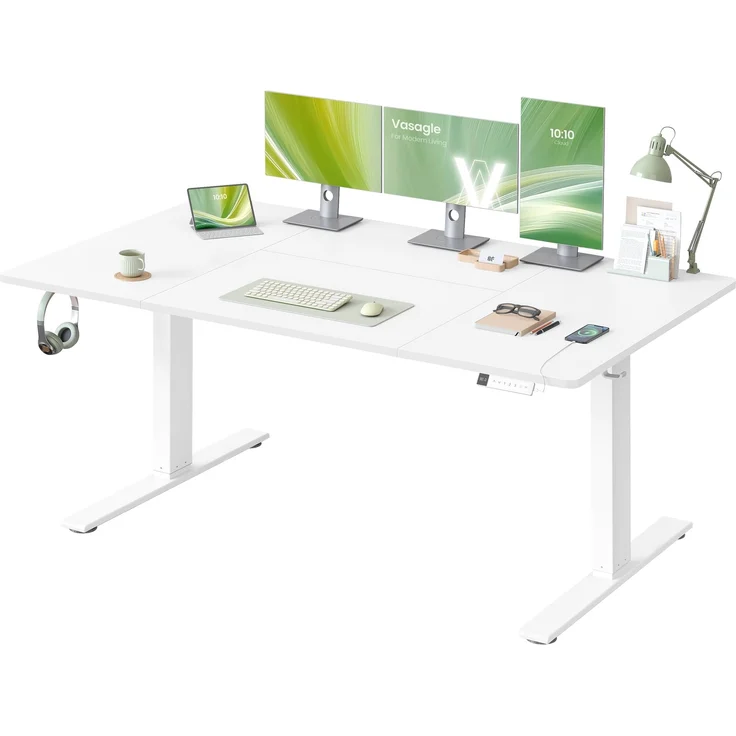 VASAGLE Höhenverstellbarer Schreibtisch, 160x80 cm, USB-C-Anschluss, Ablage für Steckdosenleiste, Stehtisch, Erinnerung bei langem Sitzen, 3 Speichertasten, für Büro, mattweiß LSD146WZ02 – Bild 1