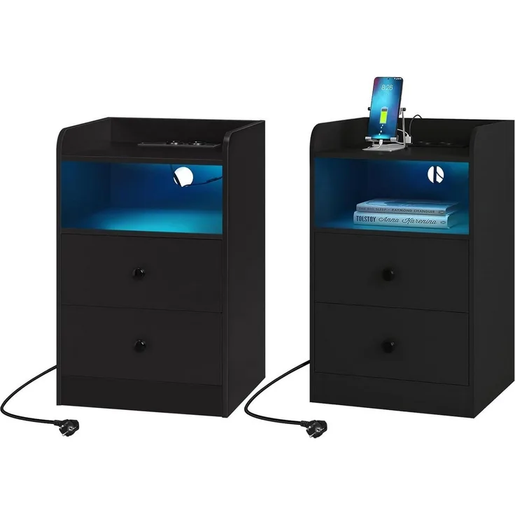 Woltu Nachttisch (2-St), Nachtschrank mit LED-Licht und Ladefunktion