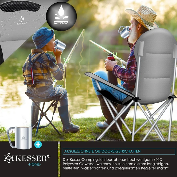 KESSER® Campingstuhl faltbar bis 150 kg Angelstuhl Faltstuhl Klappstuhl Gepolstert mit Armlehnen, Getränkehalter + Tasche mit hoher Rückenlehne, Strandstuhl, Klapphocker Grau / Schwarz – Bild 6