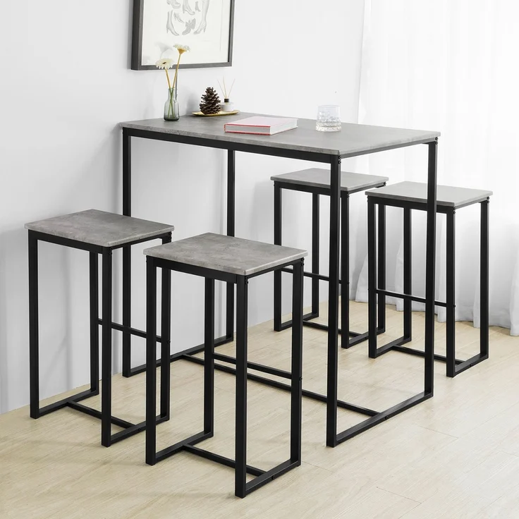 SoBuy OGT15-HG Bartisch-Set mit 4 Hockern, MDF, PVC-Beschichtung, Grau, 100 x 96 x 60 cm – Bild 2