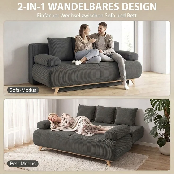 HOMCOM Schlafsofa, Cord (90 % Polyester, 10 % Nylon), Grau, 188 x 100 x 84 cm – Bild 4