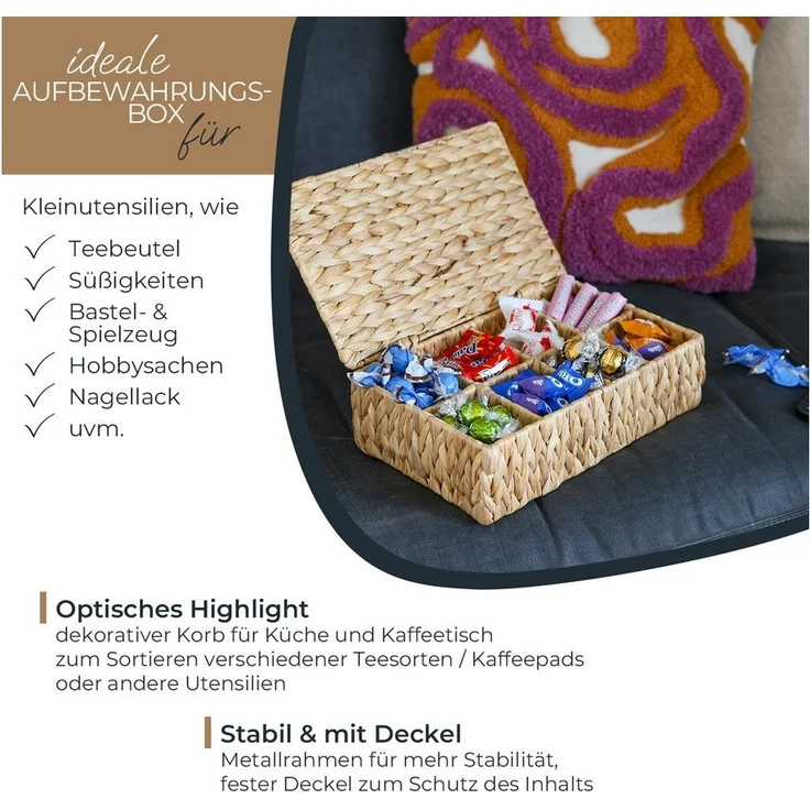 HMF Teebox Teebox für Teebeutel geflochten aus Wasserhyazinthe, Wasserhyazinthe, Tee Aufbewahrungsbox mit 8 großen Fächern, 33 x 21 x 10 cm – Bild 2