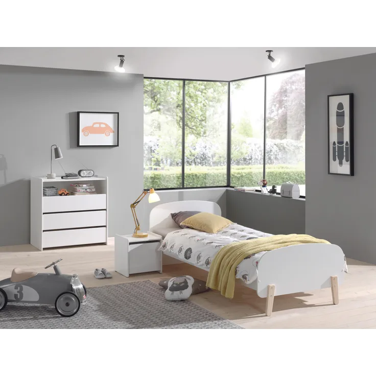 Set Kiddy best. aus Einzelbett 90 x 200 cm Liegefläche, Kommode mit 3 Schubladen und Nachtkonsole