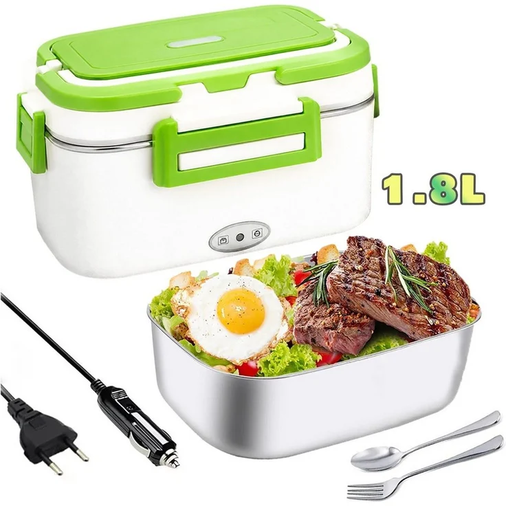 Fyrove Elektrische Lunchbox 80W Warmhaltebox Für Essen, 1,8L Aufwärmbehälter, (Für Essen 3-in-1 Electric Lunch Box, Selbsterhitzende Dosen, 12V/24V/230V für Arbeit & Auto), inkl. Besteck – Bild 1