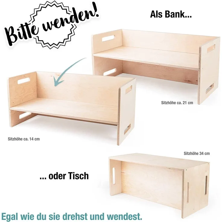 Ehrenkind Kinderhocker Montessori Wendehocker & Wendebank, Kindersitzgruppe Kinderzimmer (aus hochwertigem Holz, Hocker & Bank für Kinderzimmer), aus Birkenschichtholz – Bild 4