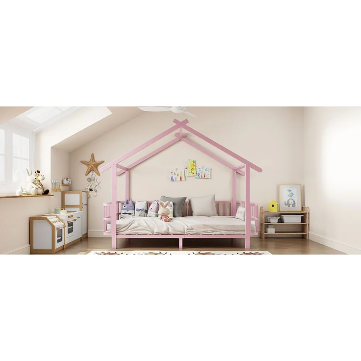 EINHOM Kinderbett aus Metall in Hausform, 90 x 200 cm, mit Sicherheitsgitter, Dachdesign und Dekorativem Rahmen, für Jungen und Mädchen, Metall, Rosa, (Ohne Matratze) – Bild 7