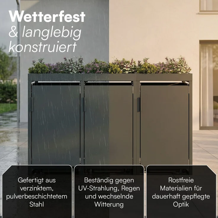 STEELSØN 'Thoria' Mülltonnenbox 3er je 120 Liter, anthrazit, Mülltonnenverkleidung aus Stahl, wetterfest, 111x62x177,5 cm, Müllbox mit Pflanzendach für 3 Tonnen – Bild 4