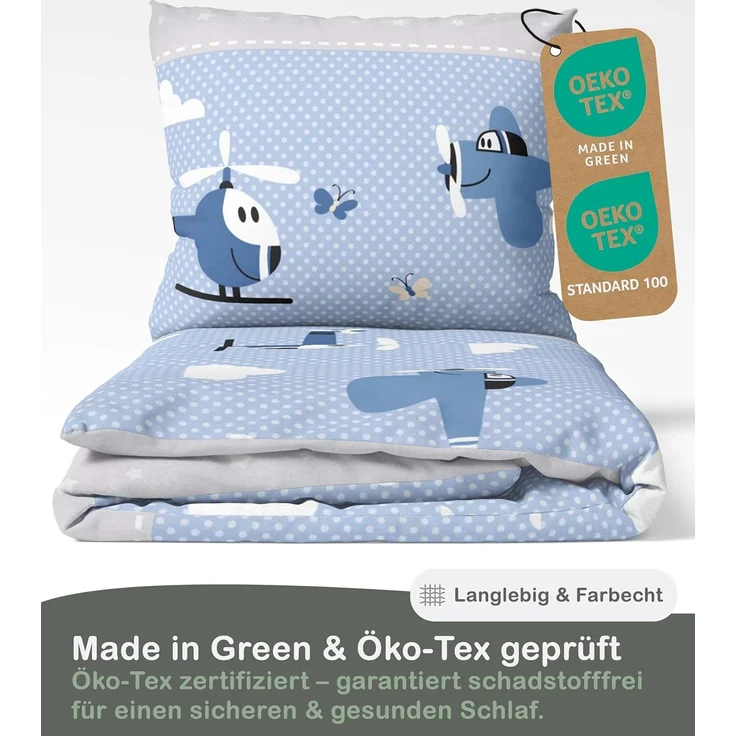 LINKHOFF Babybettwäsche Kleinkinder Bettwäsche 135x100 + Kissen 60x40cm - Flugzeuge Blau, 100% Baumwolle, Flanell Biber Bettwäsche – Bild 3