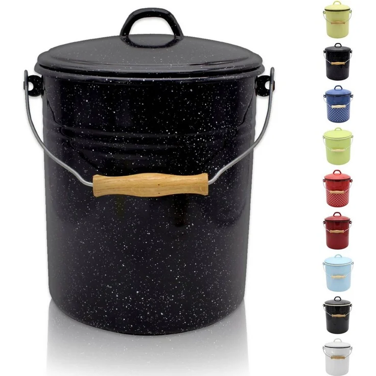 KARL KRÜGER Eimer mit Deckel 10 l 32cm Ø25cm emailliert schwarz gesprenkelt – Bild 1