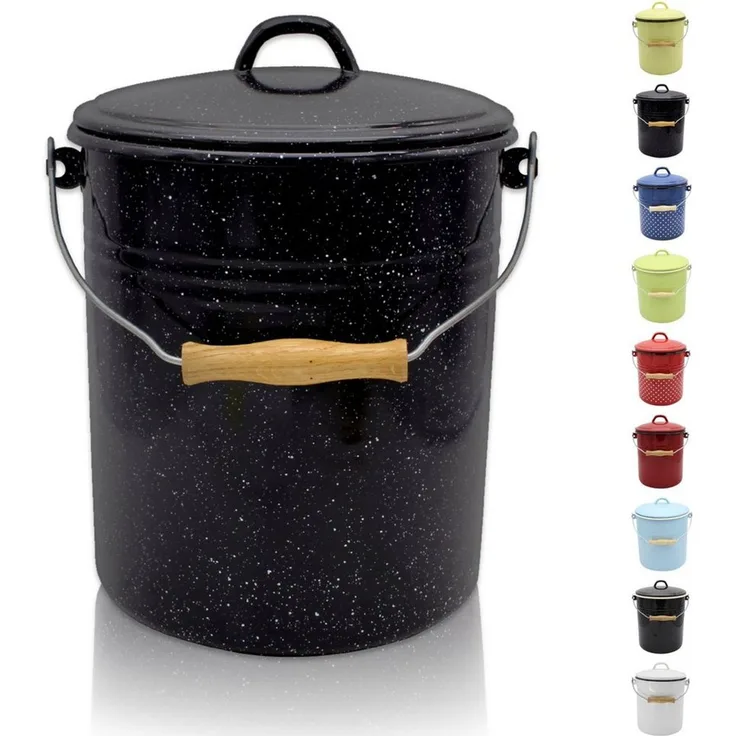 KARL KRÜGER Eimer mit Deckel 10 l 32cm Ø25cm emailliert schwarz gesprenkelt