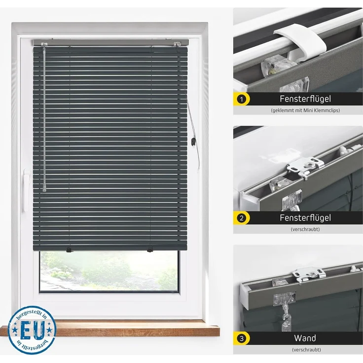 jalousiescout Jalousie LightLess Aluminium-Jalousie, 25 mm, 40 x 130 cm, dunkelgrau matt, ohne Bohren, geklemmt oder verschaubt, Aluminium, vollverdunkelnd, Feuchtraumgeeignet – Bild 3