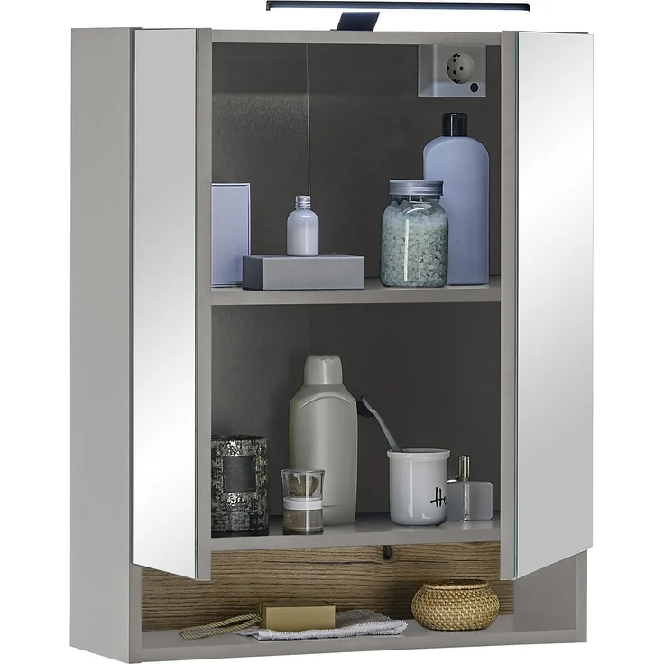 Badezimmerspiegelschrank >Denver< LED, Steckdose, grau matt / evoke eiche Dekor - 60x75x22 (BxHxT) – Bild 2