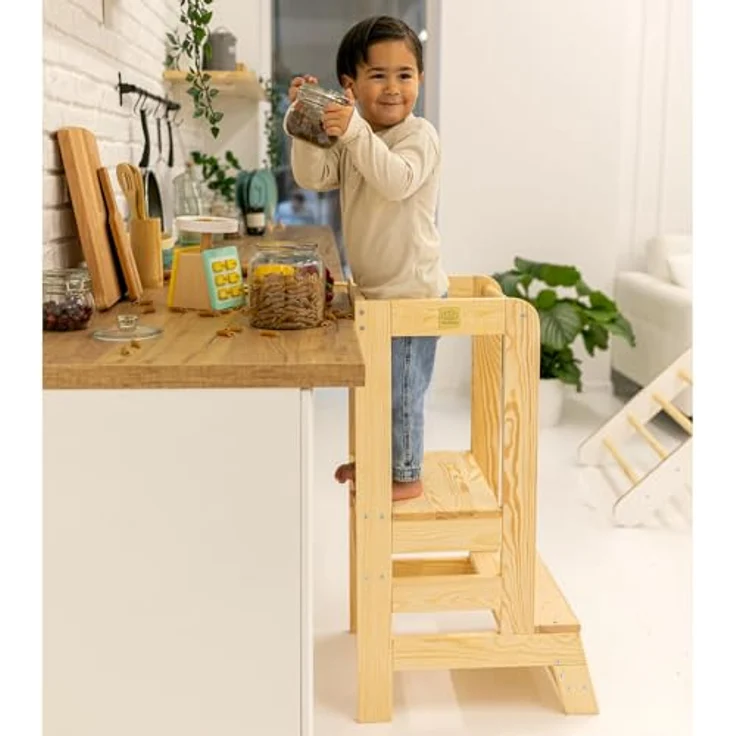 MeowBaby 'Kitchen Helper' Lernturm, Tritt 3-fach höhenverstellbar, Kiefer natur, Massivholz – Bild 10
