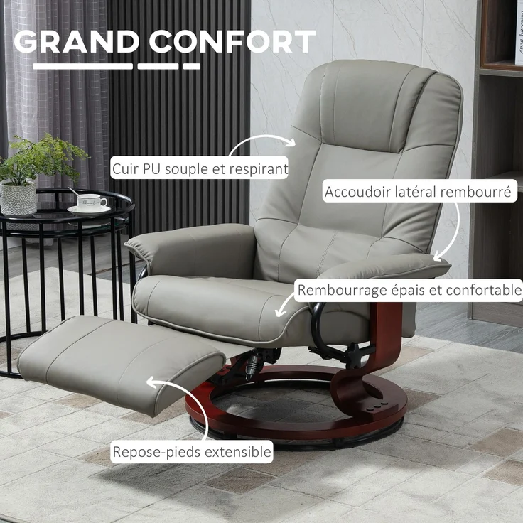 Relaxsessel, verstellbar, mit verstellbarer Fußstütze, um 360° drehbar, Holzgestell, atmungsaktiver und weicher PU-Bezug in Grau – Bild 8