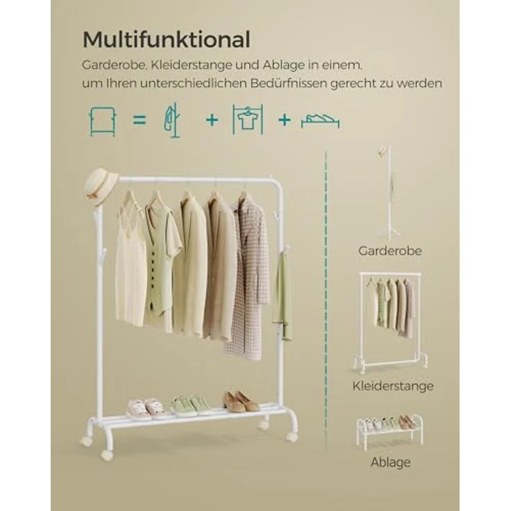 SONGMICS Kleiderständer auf Rollen, Kleiderstange, Garderobenstange, Garderobenständer aus Stahlrohren, bis 50 kg belastbar, 103,5 cm breit, multifunktionale Aufbewahrung, weiß HSR131W01 – Bild 5