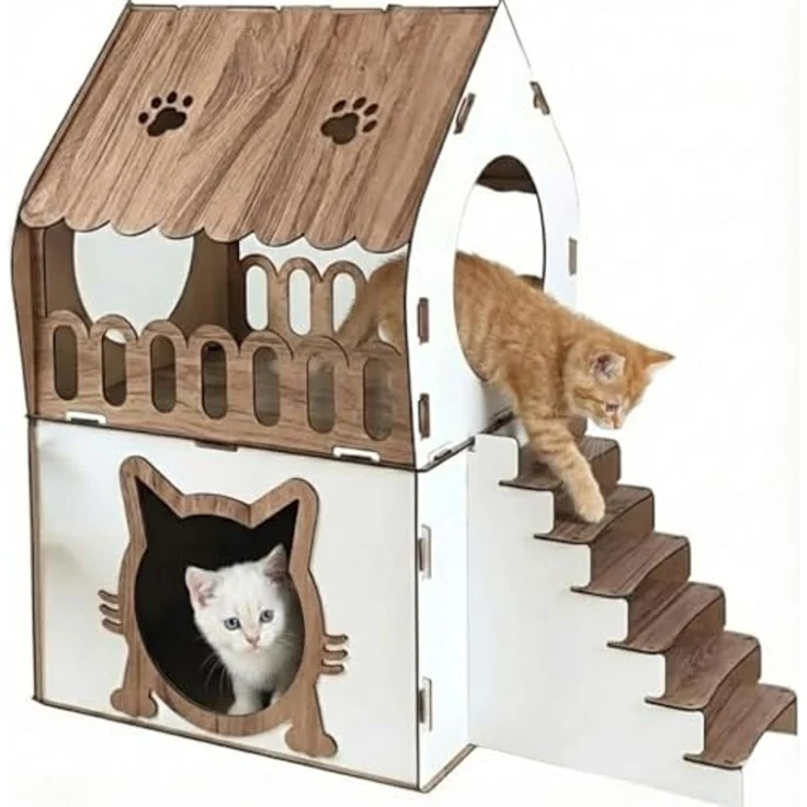 Jungengel Tierbett XL Katzenhaus Katzenhäuschen Katzenhütte Stecksystem Katzenbett, 2-Stöckiges Katzenhaus, Robust, Werkzeugfreie Montage – Bild 3