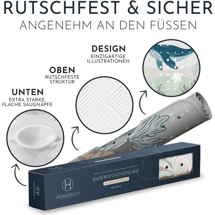 Homerella Badematte rutschfest Kinder - 100% BPA frei Inkl. 2 Haken zum Aufhängen 100x40cm, Antirutschmatte Badewanne Baby hautsensitiv & schimmelresistent, Badewannenmatte rutschfest & waschbar – Bild 4