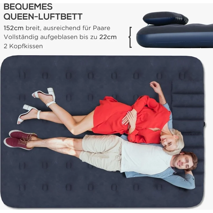 Wohnora-Luftbett Doppel-Luftmatratze mit Handpumpe & Kopfkissen, Blau 203x152x22cm für Camping & Gäste,H 22cm x T 203cm x B 152cm – Bild 4