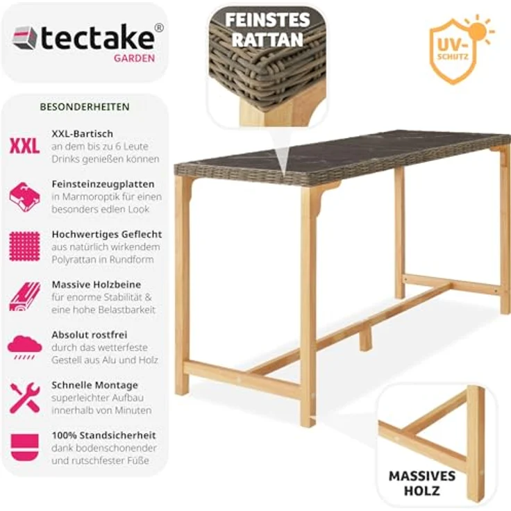 tectake Rattan-Bartisch Lovas, rechteckig, Natur, mit 2 abnehmbaren Feinsteinzeugplatten, 64.5x99.5x161 cm, Gartenmöbel – Bild 3