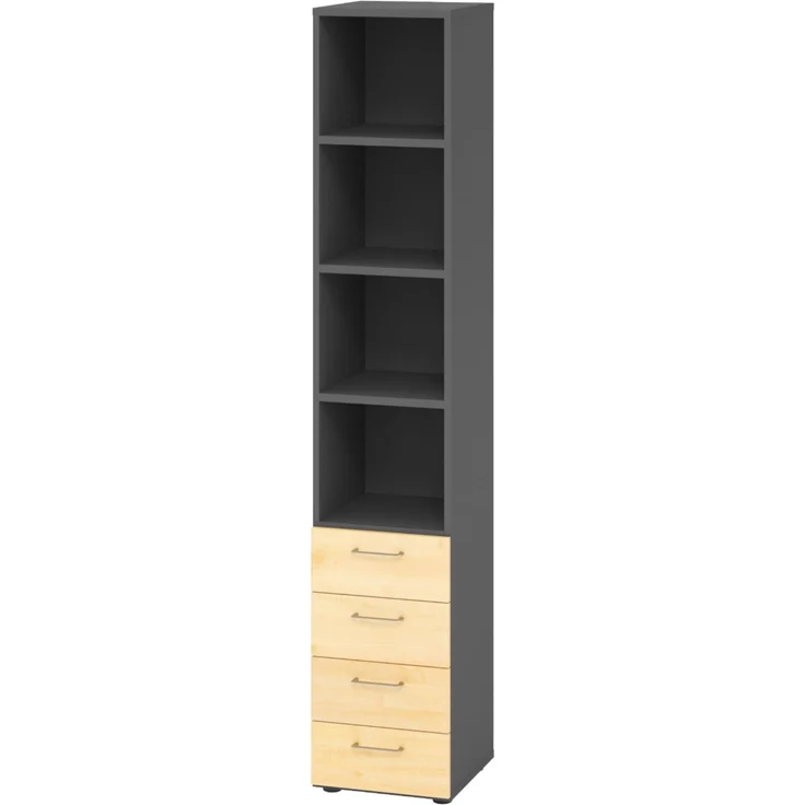 bümö smart Schubladenschrank, Büroschrank in Graphit/Ahorn mit 4 Schüben & 4 Regalfächern - Bürocontainer aus Holz, Container mit Metallgriffen & Soft-Stop Schubladen, 964S4-G-3-BS