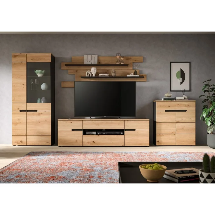 Home affaire Wohnwand REHAT, TOPSELLER!, 4-teilig, Breite 375 cm, individuell stellbar, (4-St, Set bestehend aus: Vitrine, Lowboard, Wandboard und Kommode), Kombination, Anbauwand, Set, Wohn-Set, Wohnzimmer-Set, Schrankwand