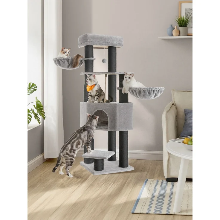 FEANDREA Kratzbaum, mit selbstwärmenden Decken, Katzenbaum, 2 Katzenbürsten, große Plattformen, grau-schwarz – Bild 3